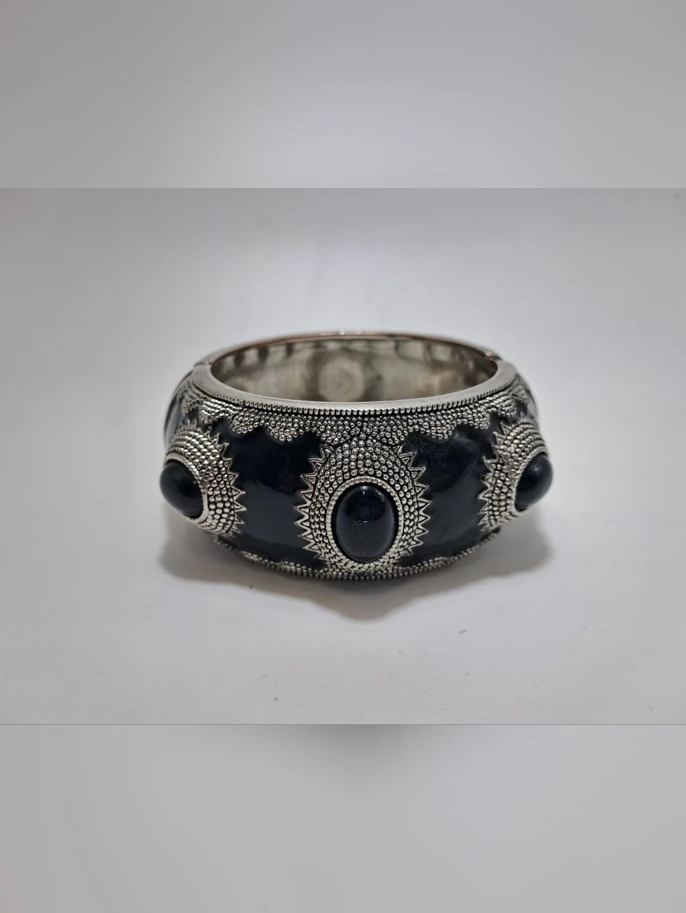 Black Stone Silver-Tone Accent Hinge Bangle Bracelet - Picture 3 of 5